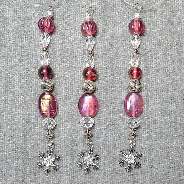 Christmas Decorations – Set of 3 – Pink, Silver, and Clear Bead with Snowflake