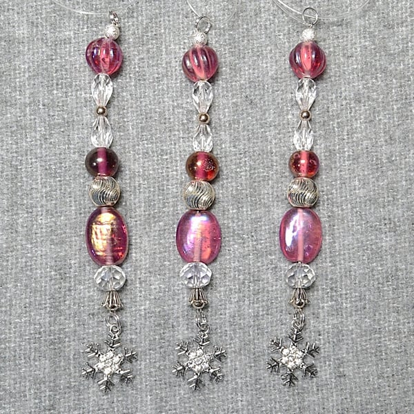 Christmas Decorations – Set of 3 – Pink, Silver, and Clear Bead with Snowflake
