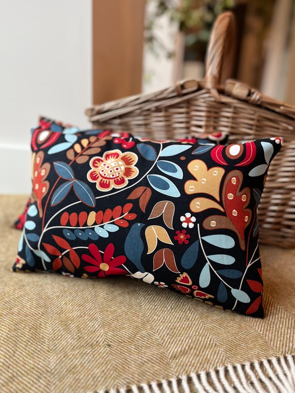 Bright scandi floral and ticking stripe rectangular  cushion cover