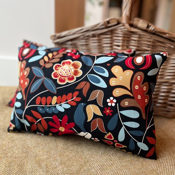 Bright scandi floral and ticking stripe rectangular  cushion cover