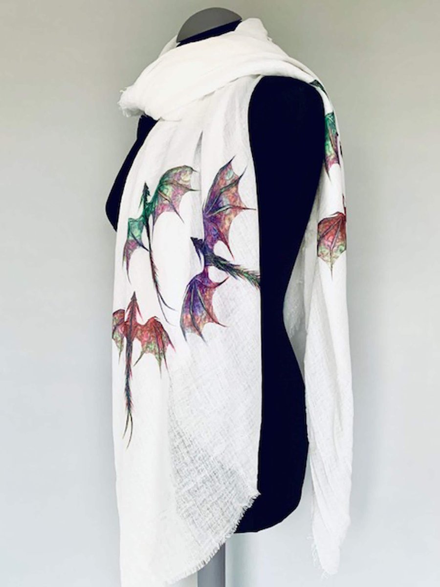 Dragon Scarf Mythical Dragons Print Fashion. White. Wrap