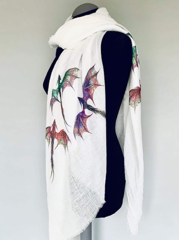 Dragon Scarf Mythical Dragons Print Fashion. White. Wrap