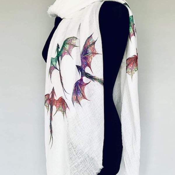 Dragon Scarf Mythical Dragons Print Fashion. White. Wrap