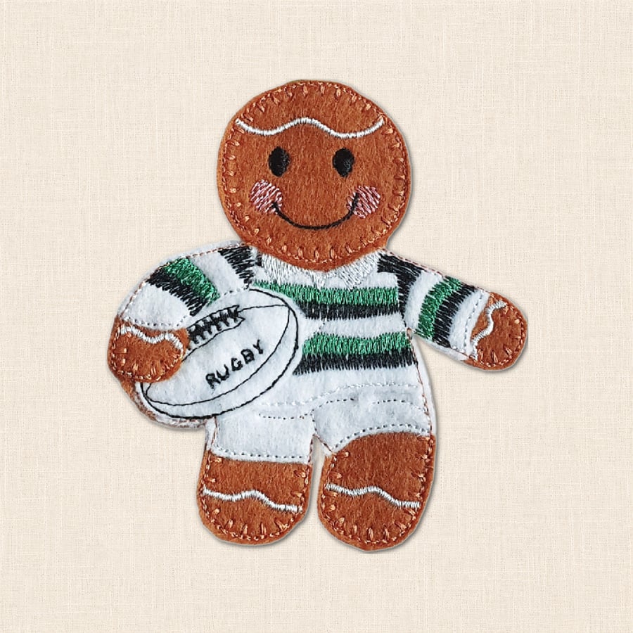 Rugby Gingerbread Decoration - Embroidered Rugby Lover Decoration