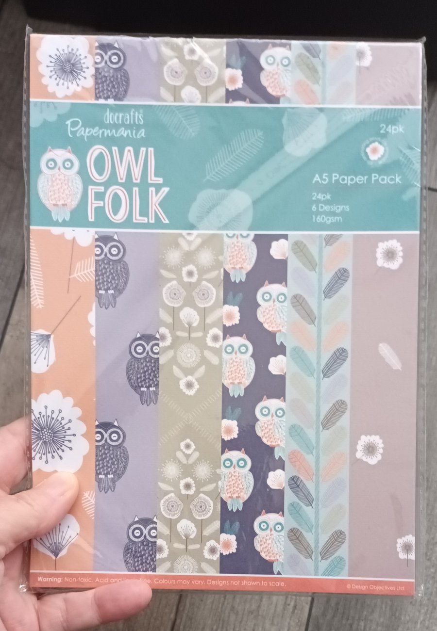 Papermania Owl Folk A5 Paper Pack By Docrafts. 24 Sheets, 6 Designs.