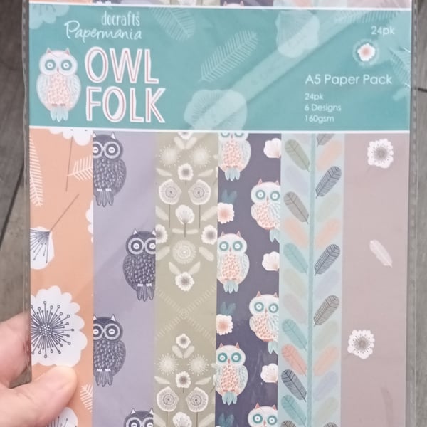 Papermania Owl Folk A5 Paper Pack By Docrafts. 24 Sheets, 6 Designs.