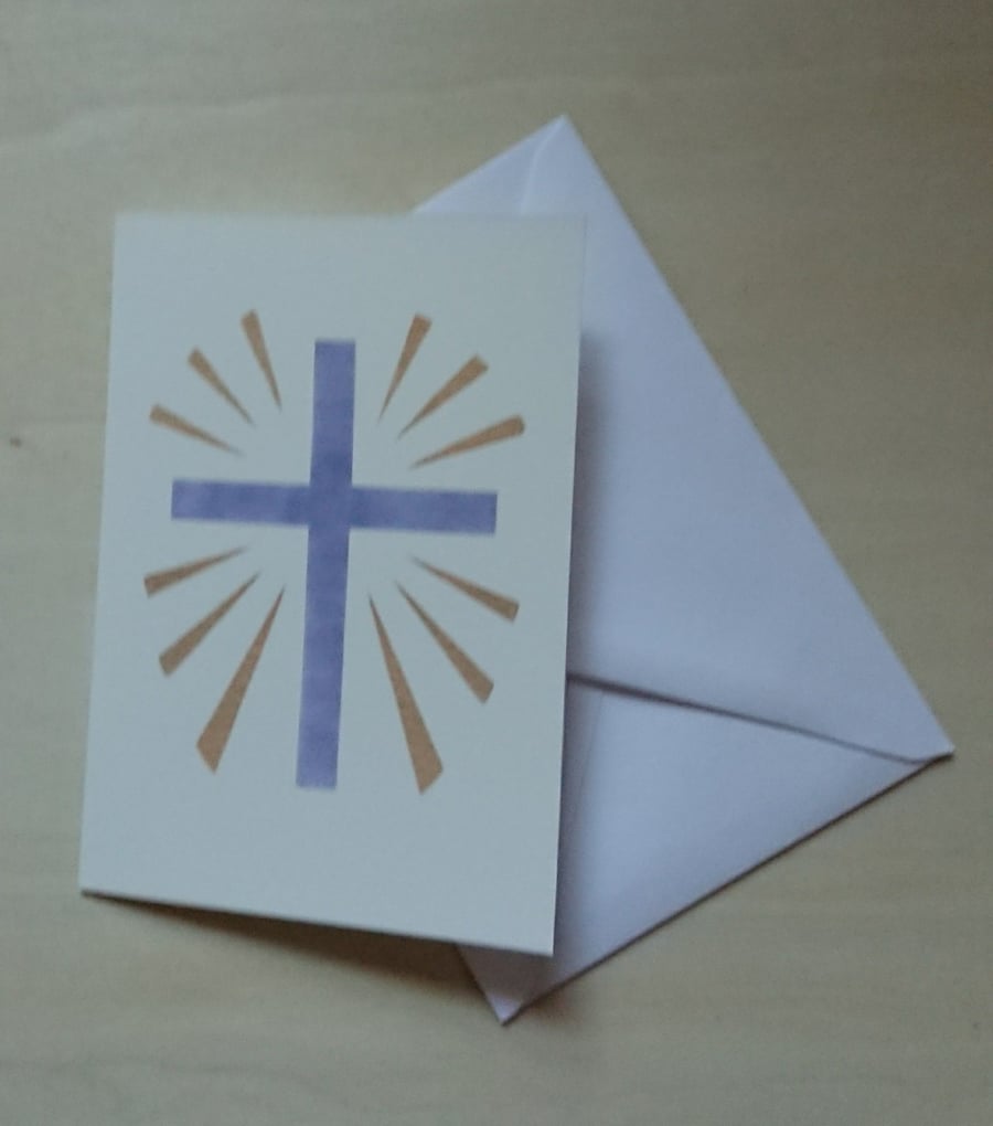 Easter Card - a blue cross with gold rays, stencil art print meditation card