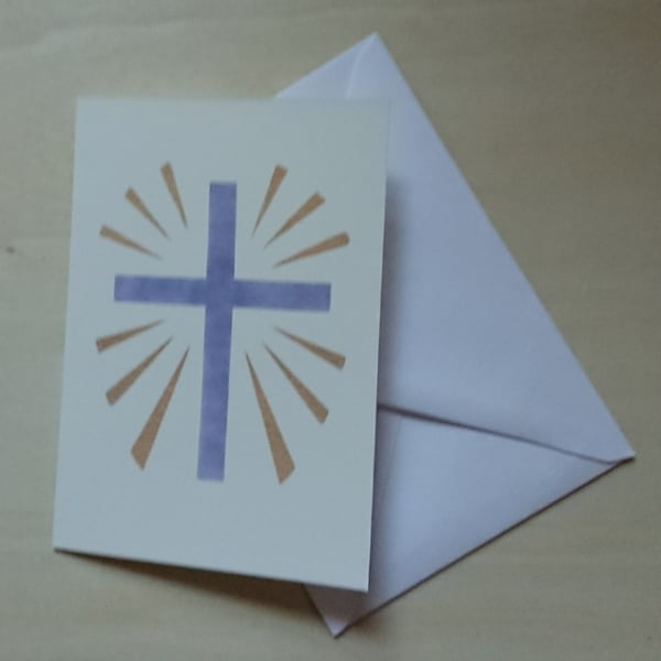 Easter Card - a blue cross with gold rays, stencil art print meditation card
