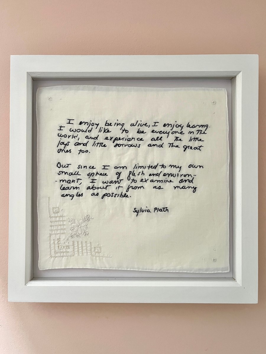 Hand embroidered quote on vintage handkerchief - quote by Sylvia Plath