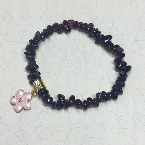 Red Garnet Elasticated Bracelet with Pink Enamel Flower Charm