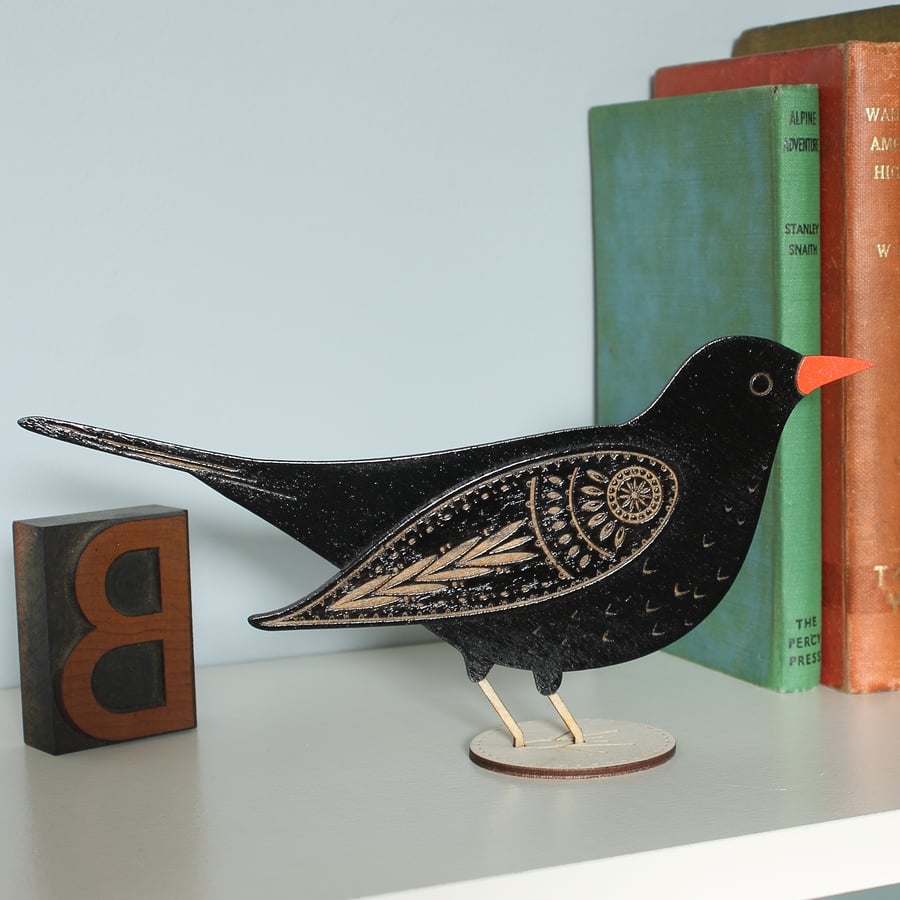 Standing Wooden Blackbird Decoration - Hand Painted