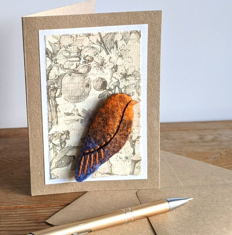 Brooch on a card - felted bird in orange and blue