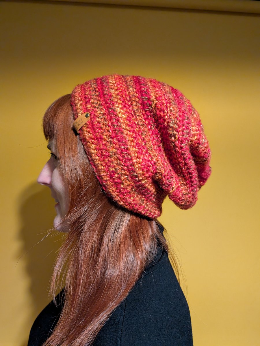 Crocheted Slouch Beanie in Red and other Warm Tones