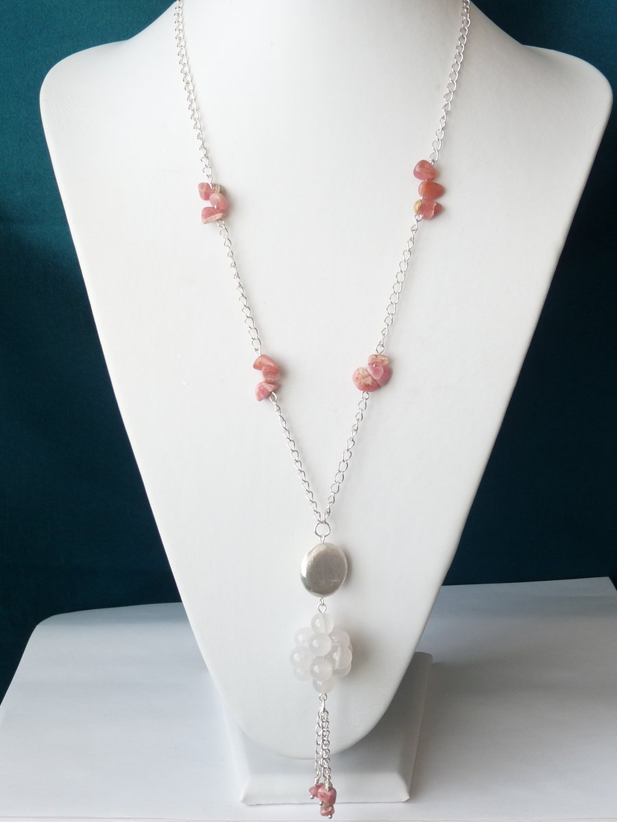 Rhodocrosite & White Agate Tassel Necklace  - Genuine Gemstone - Handmade 