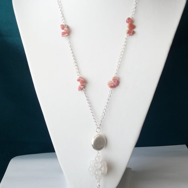 Rhodocrosite & White Agate Tassel Necklace  - Genuine Gemstone - Handmade 