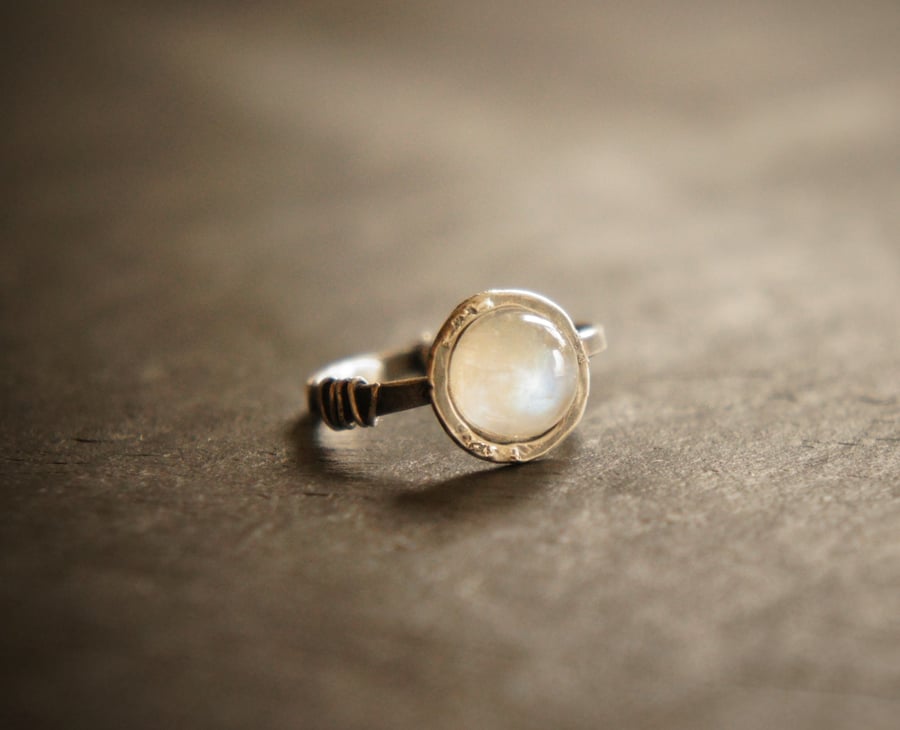 Rainbow Moonstone Cabochon Wabi Sabi Style Sterling Silver Ring