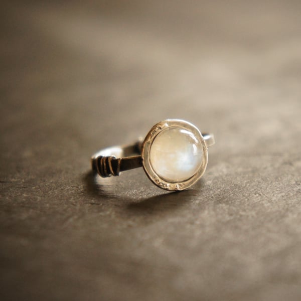 Rainbow Moonstone Cabochon Wabi Sabi Style Sterling Silver Ring