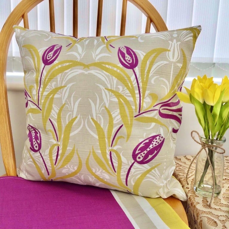 Cushion with Pad: Purple Floral 17" (43cm) with stripe reverse