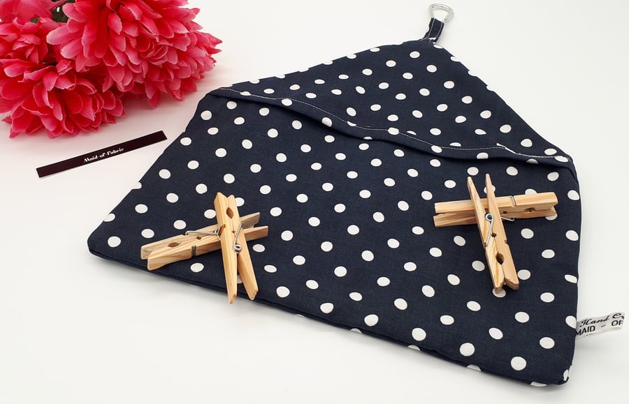 Peg bag in navy blue polkadot cotton, small, sale, free uk delivery 