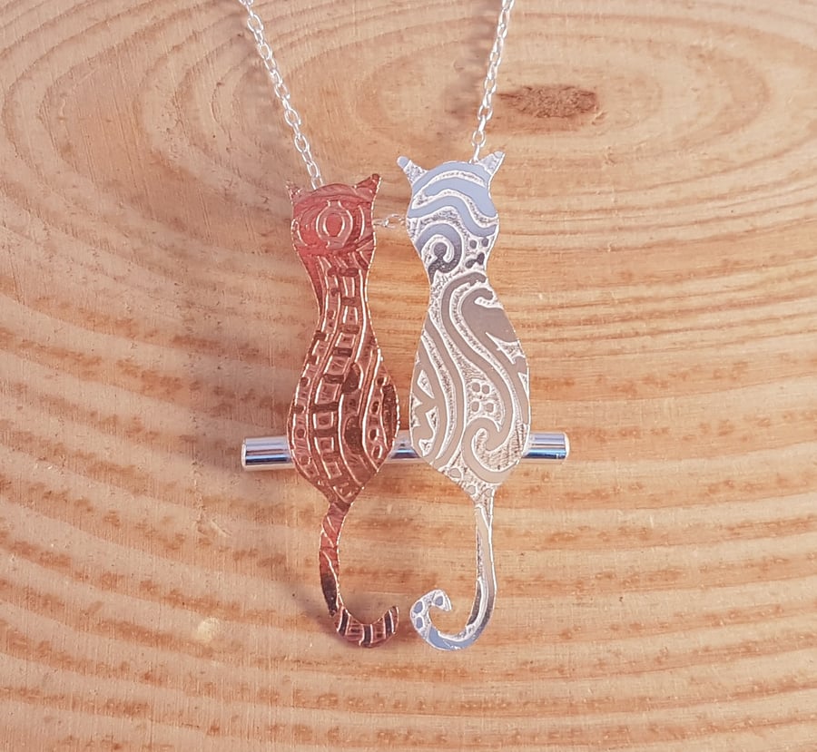 Sterling Silver and Copper Zentangle Cats Necklace Pendant