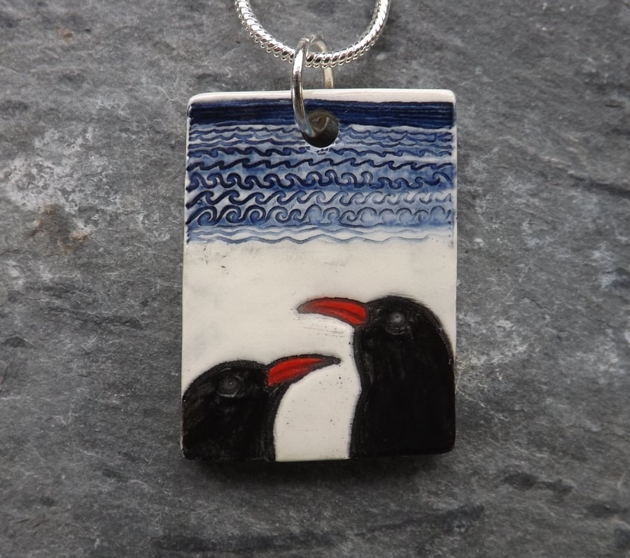 Handmade Ceramic Choughs on the beach pendant