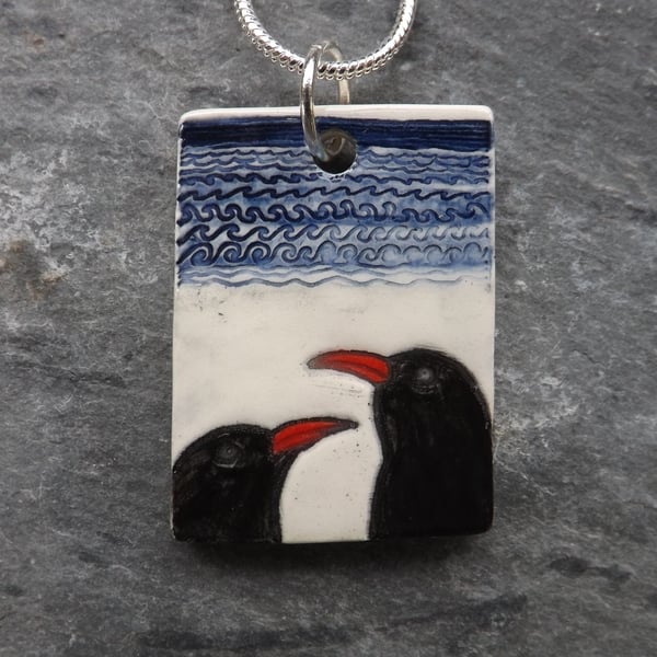 Handmade Ceramic Choughs on the beach pendant