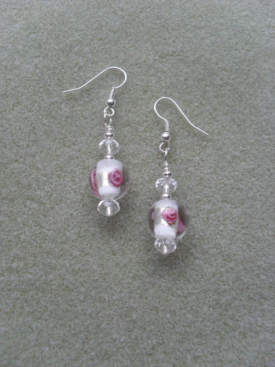 Pink and White Glass Bead Earrings