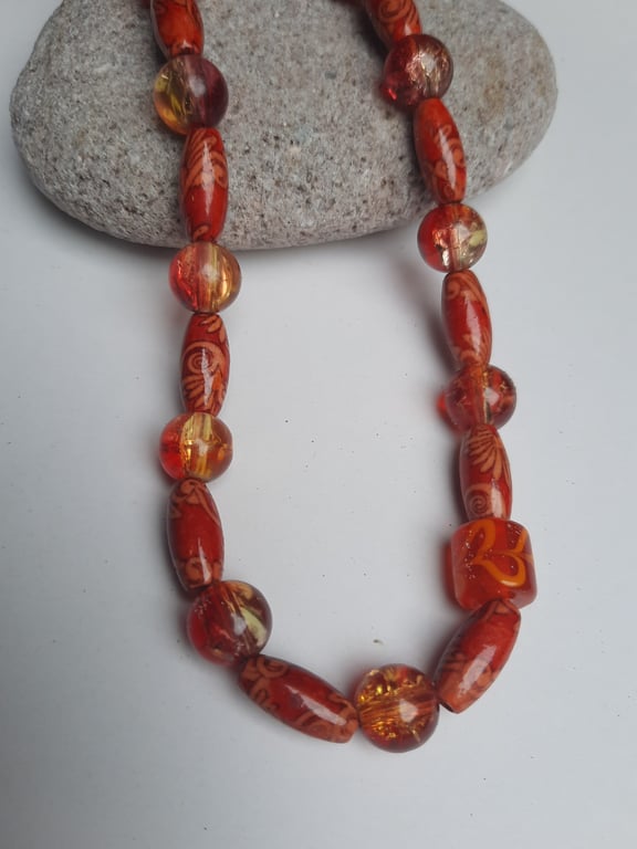 Red Glass Bead Necklace with swirl Design