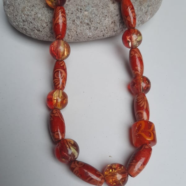 Red Glass Bead Necklace with swirl Design