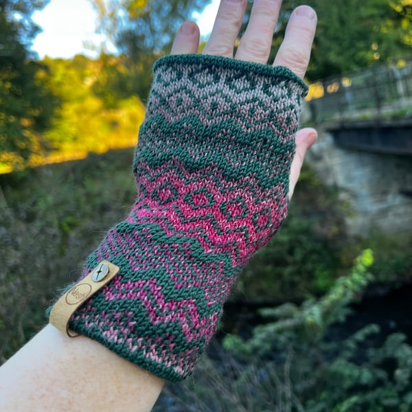 Brown and green knitted fairisle wrist warmers super seconds festival