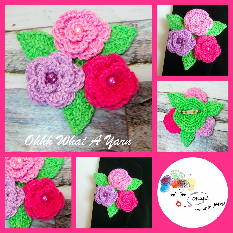 Crochet pink roses brooch, crochet rose corsage, flower brooch