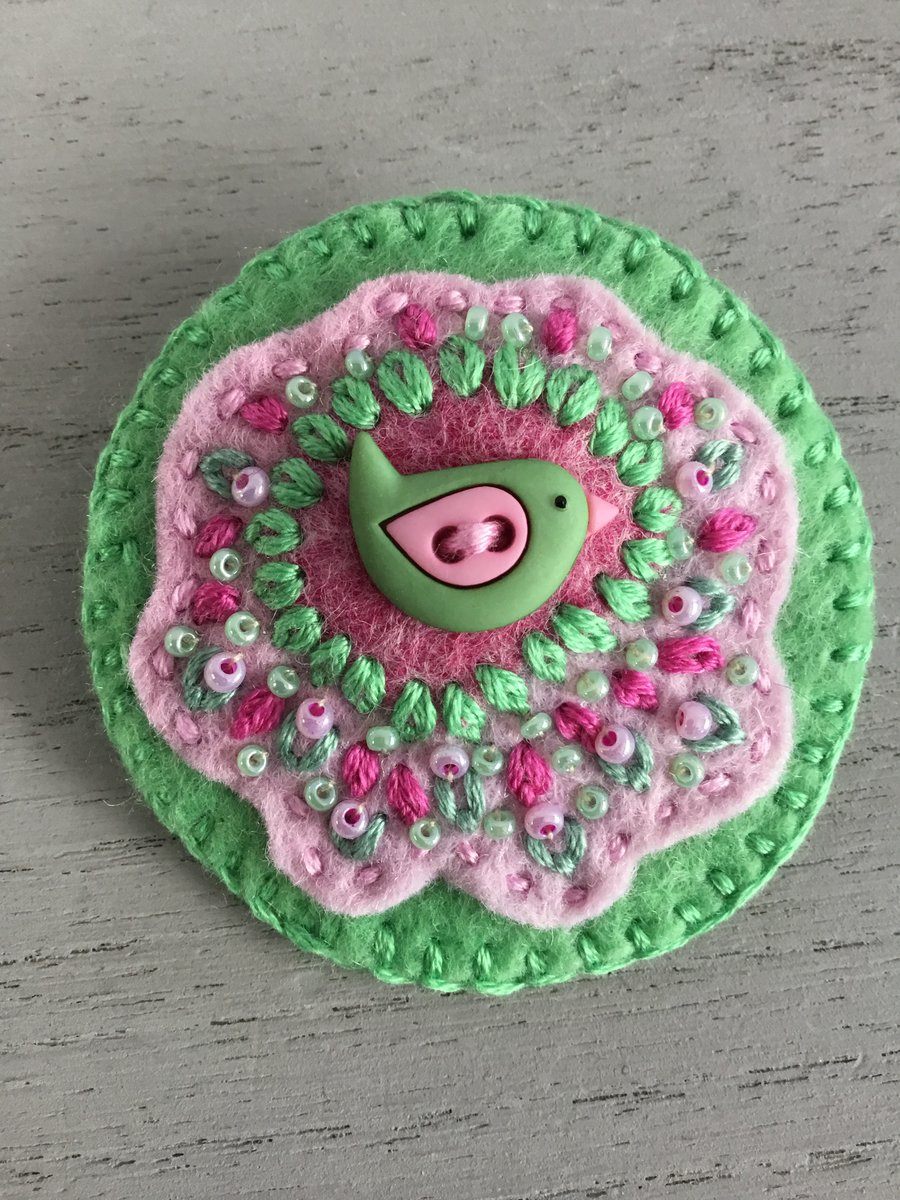 Hand Embroidered Blossom Bird Brooch 