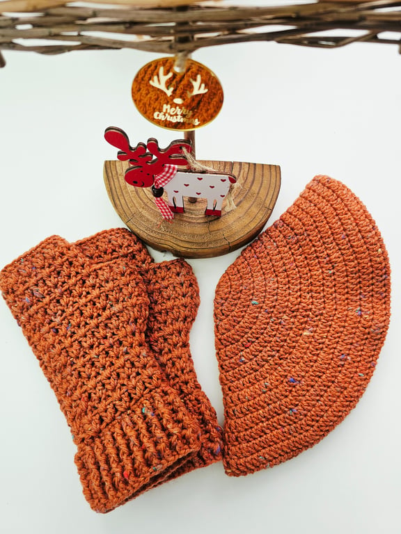 Gift Set Orange Spice Merino Wool Fingerless Mitts & Beret Hat