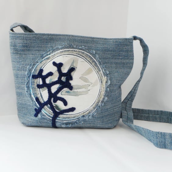 Fabric shoulder bag in blue tweedy fabric with appliqued moon