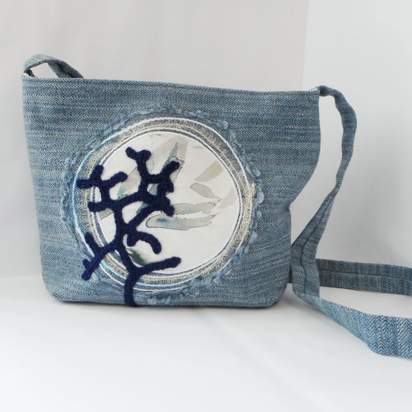 Fabric shoulder bag in blue tweedy fabric with appliqued moon
