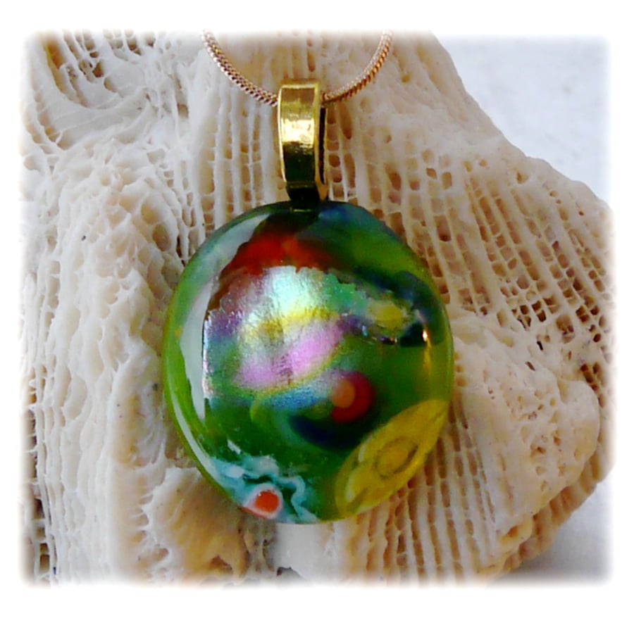 Dichroic Glass Pendant 061 Green Floral Handmade with gold plated chain