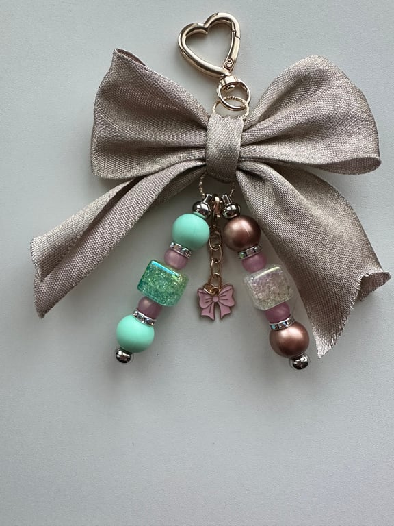 Gold Bow Bag Charm, with accent beads to match, luxury keyring, bag accessory 