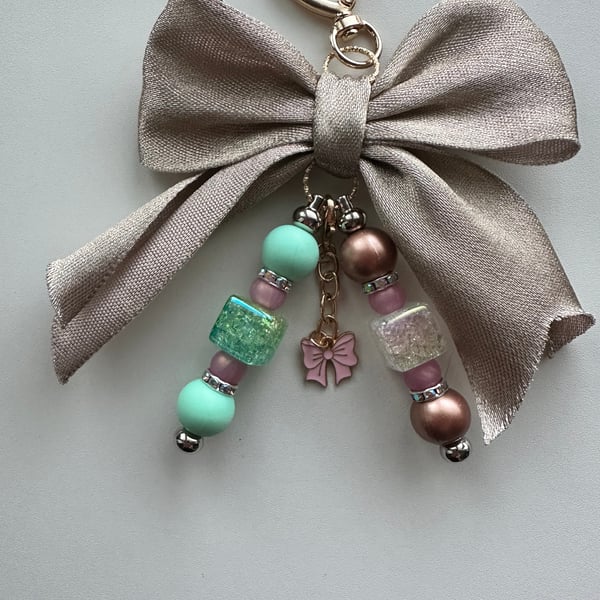 Gold Bow Bag Charm, with accent beads to match, luxury keyring, bag accessory 