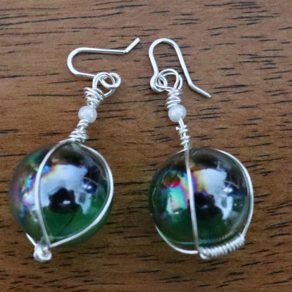 Wire wrapped marble dangle earrings