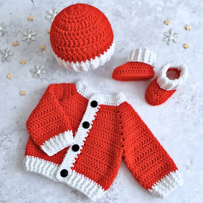 Newborn Crochet Christmas Baby Cardigan, Hat & Bootie Set - Red & White