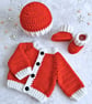 Newborn Crochet Christmas Baby Cardigan, Hat & Bootie Set - Red & White