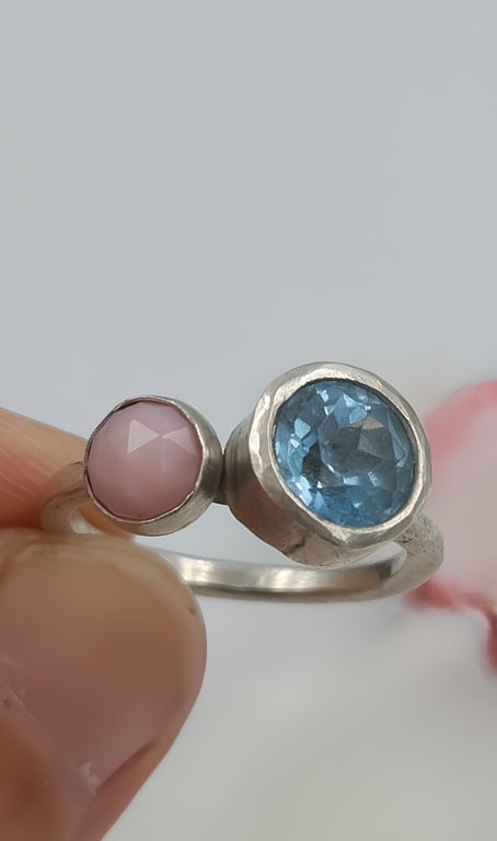 Blue Topaz and Pink Opal Double Stone Ring : Size L
