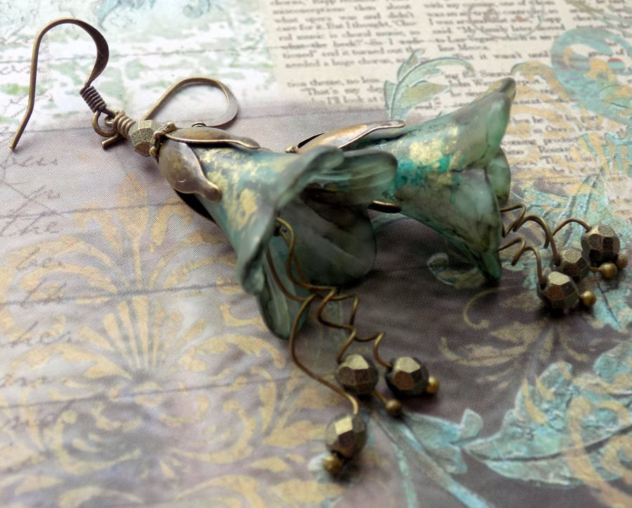 Green and Gold "Illusion of Time" Hand Painted Lucite Flower Earrings