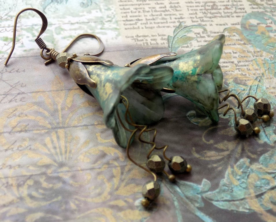 Green and Gold "Illusion of Time" Hand Painted Lucite Flower Earrings
