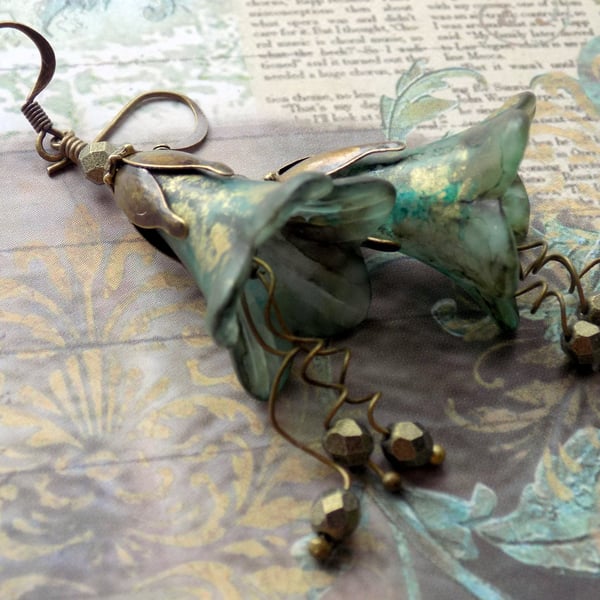 Green and Gold "Illusion of Time" Hand Painted Lucite Flower Earrings