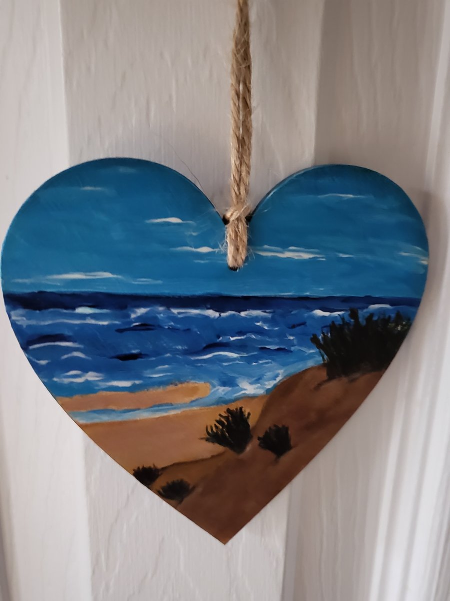 Original painted wooden pendant heart seascape
