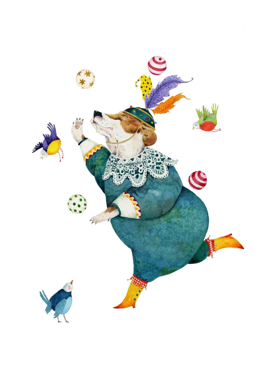 Dog Juggler A4 Giclee illustration dog print
