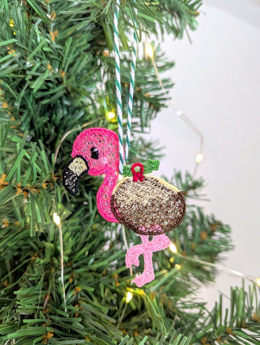 Embroidered hanging Flamingo Christmas decorations, machine embroidery