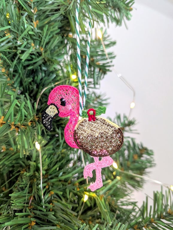 Embroidered hanging Flamingo Christmas decorations, machine embroidery