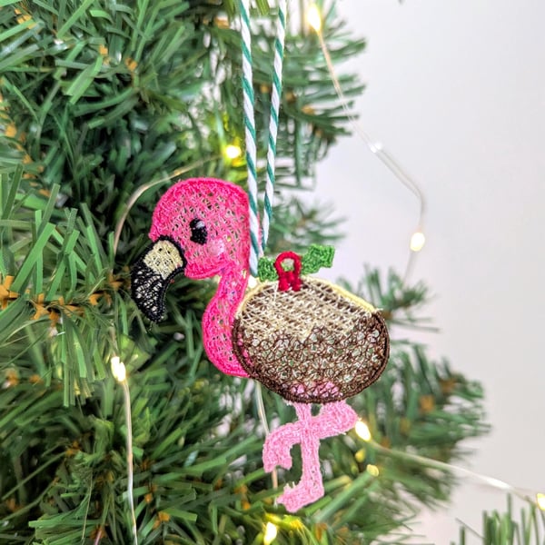 Embroidered hanging Flamingo Christmas decorations, machine embroidery